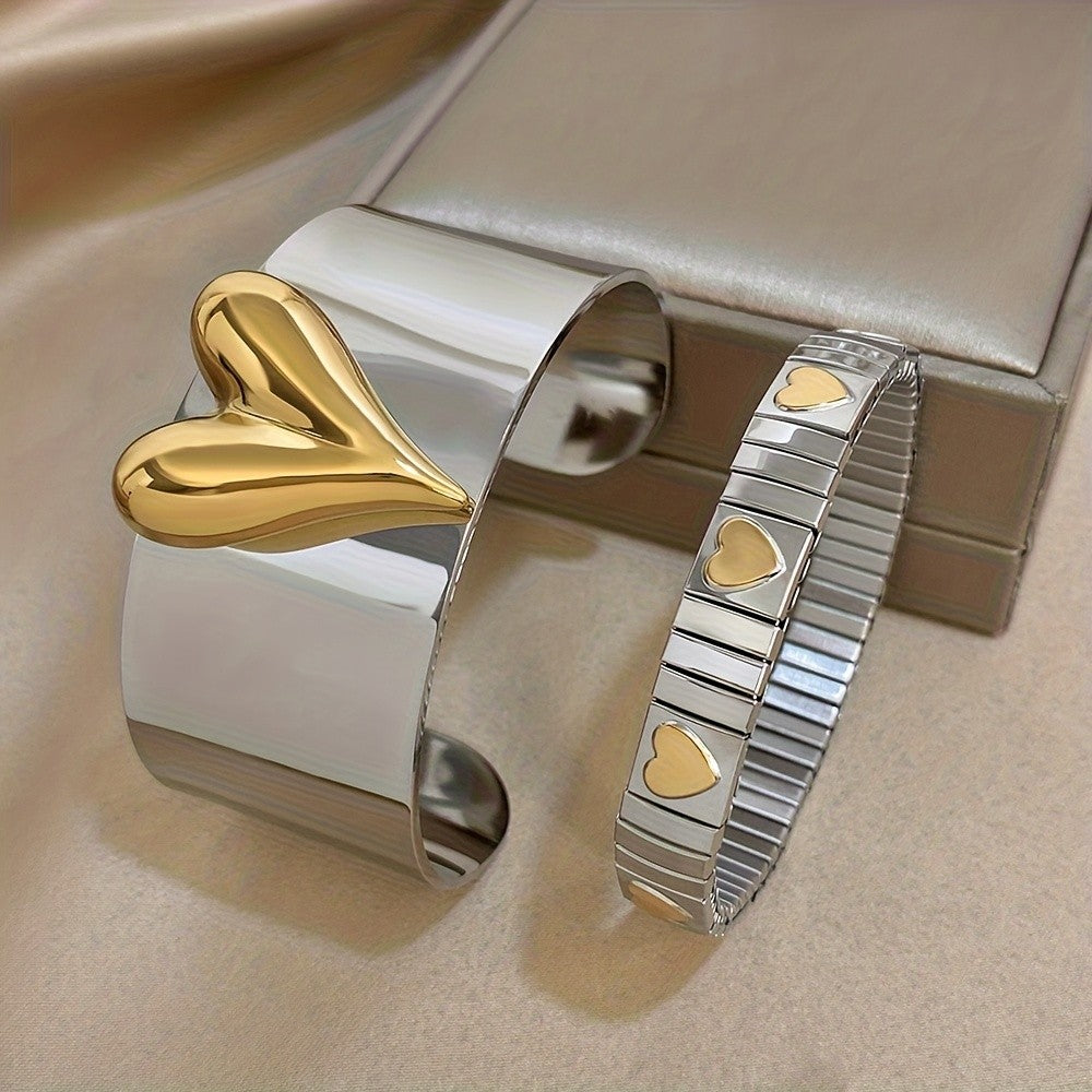 Two-Tone Heart Cuff & Stretch Bracelet Set