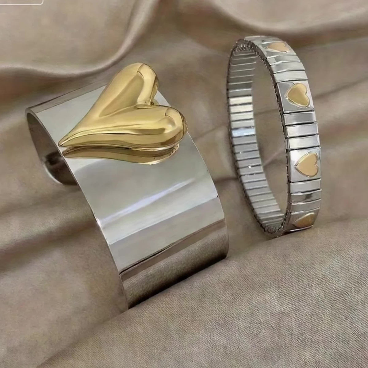 Two-Tone Heart Cuff & Stretch Bracelet Set