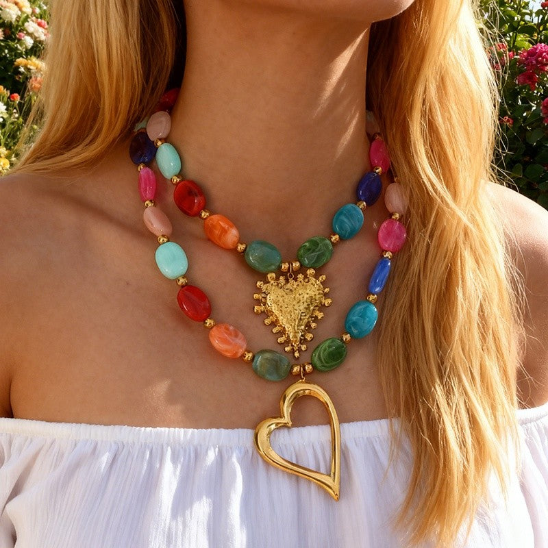 18k Colorful Bead Double Layer Heart Necklace