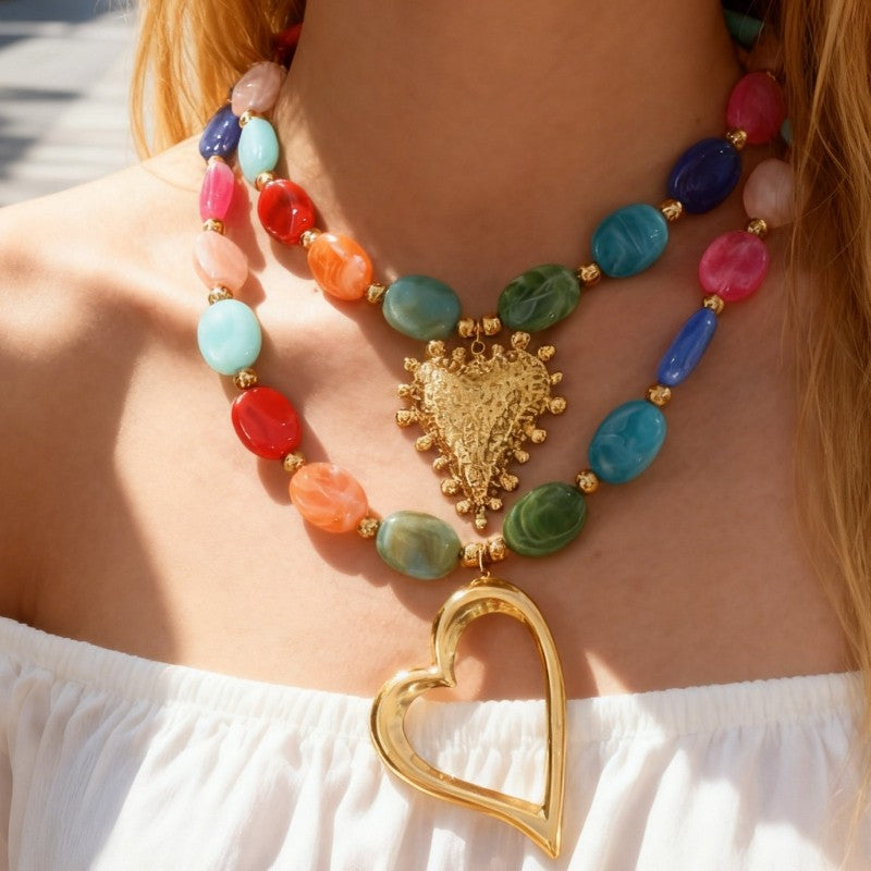 18k Colorful Bead Double Layer Heart Necklace