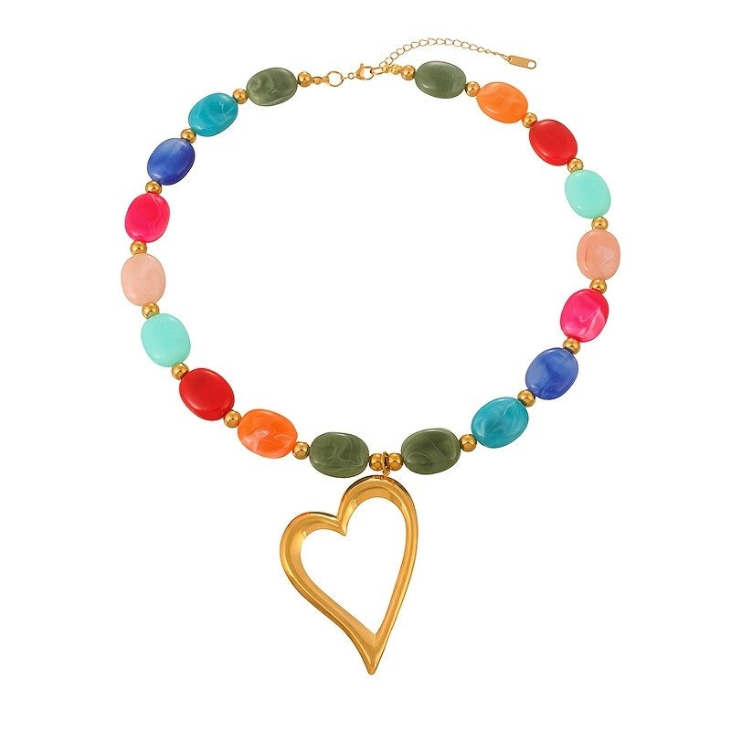 18k Colorful Bead Double Layer Heart Necklace