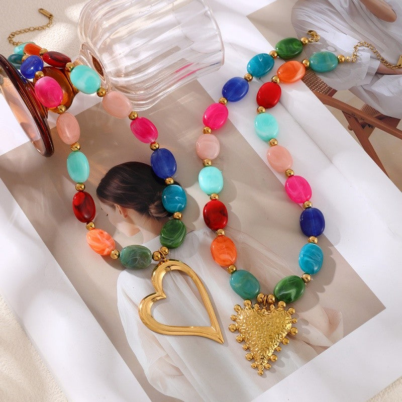 18k Colorful Bead Double Layer Heart Necklace