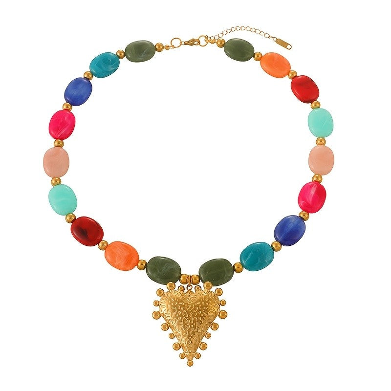18k Colorful Bead Double Layer Heart Necklace