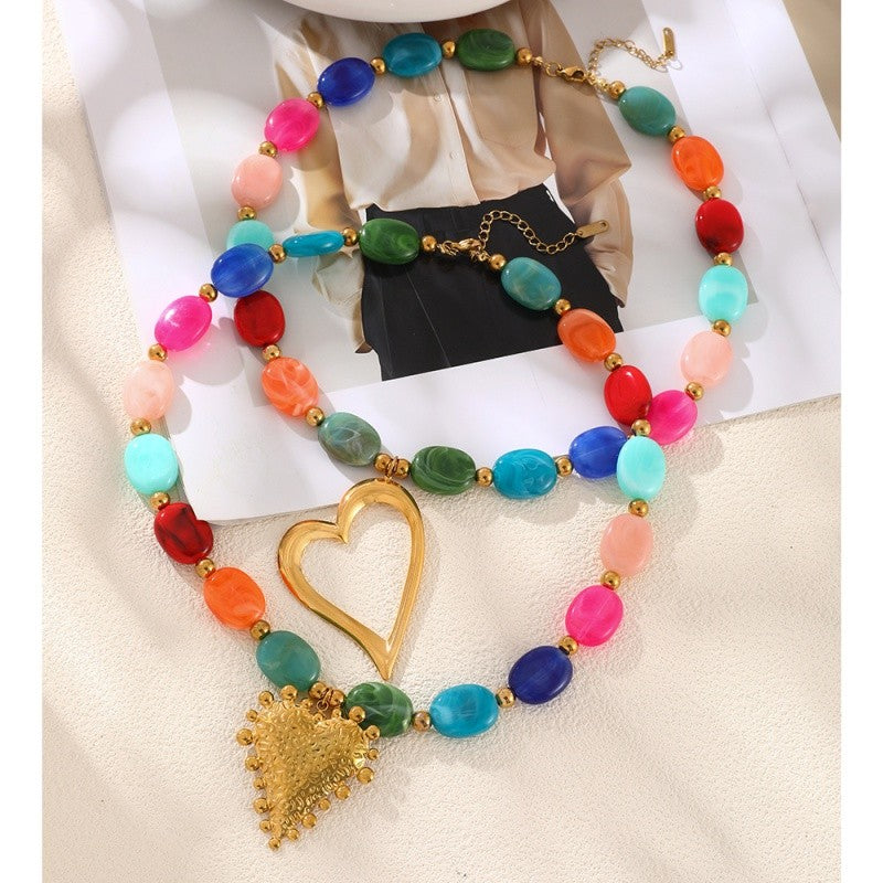 18k Colorful Bead Double Layer Heart Necklace