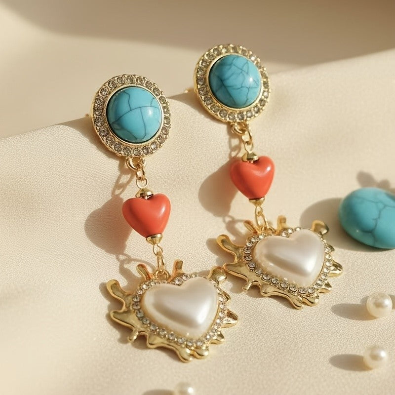 Vintage Heart Drop Stud Earrings