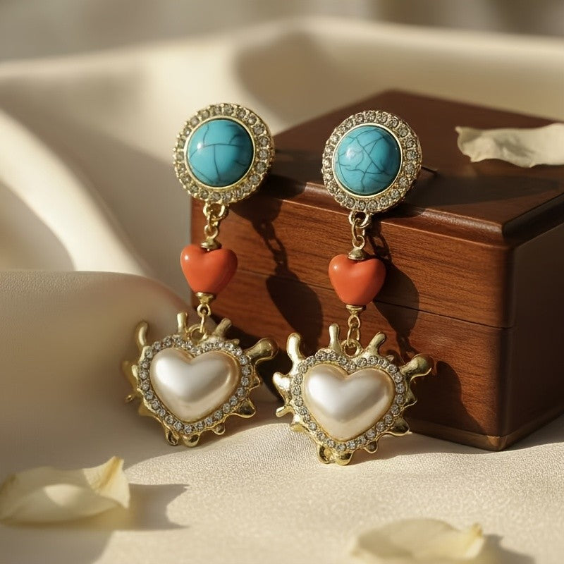 Vintage Heart Drop Stud Earrings
