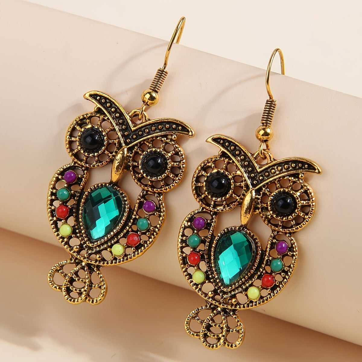 14k Bohemian Owl Drop Earrings