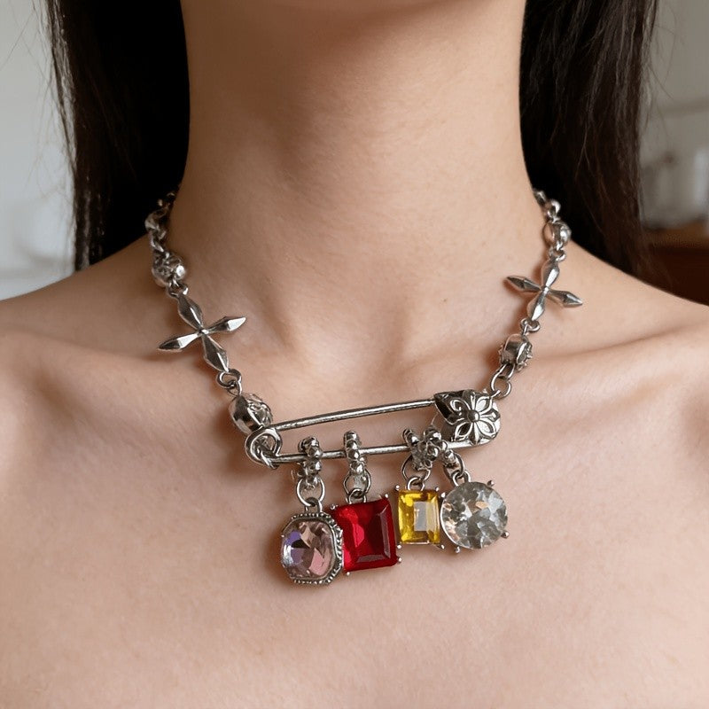 Colorful Zircon Cross Charm Necklace
