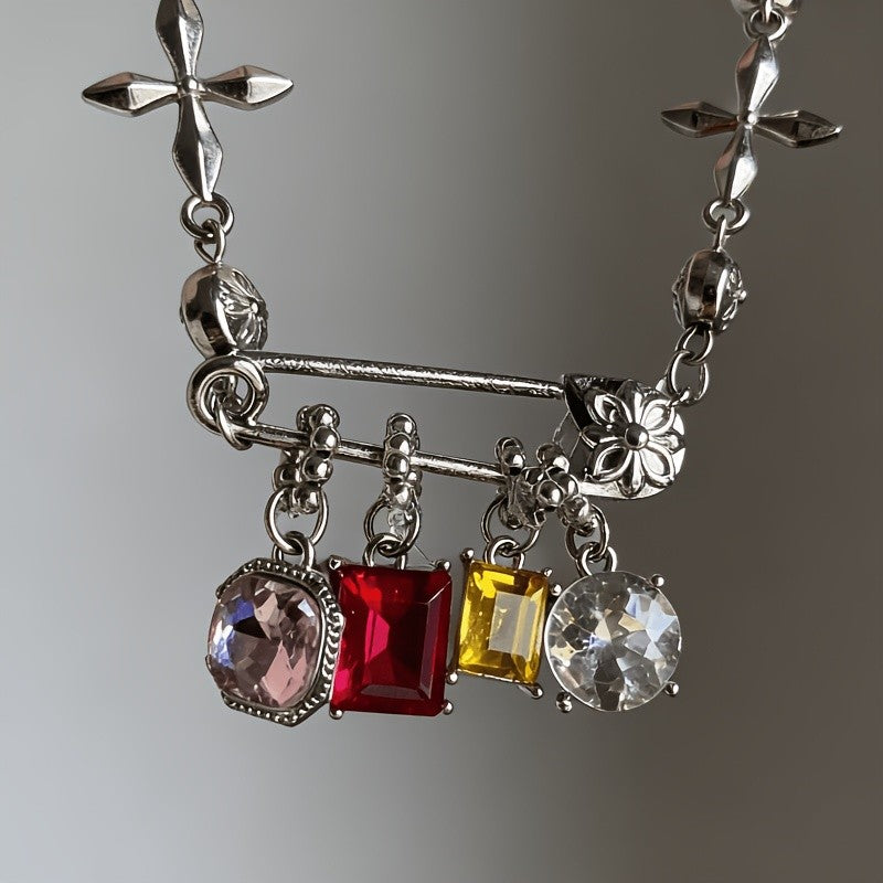 Colorful Zircon Cross Charm Necklace