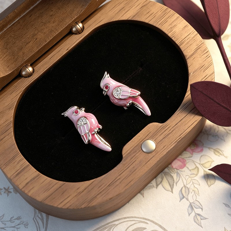 Pink Enamel Parrot Stud Earrings