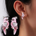 Pink Enamel Parrot Stud Earrings