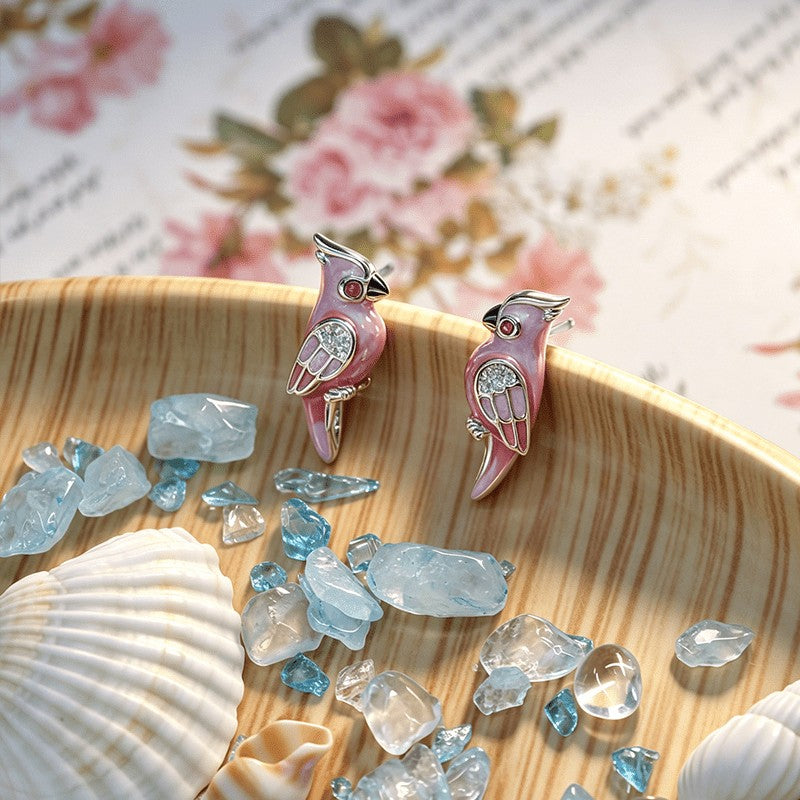 Pink Enamel Parrot Stud Earrings