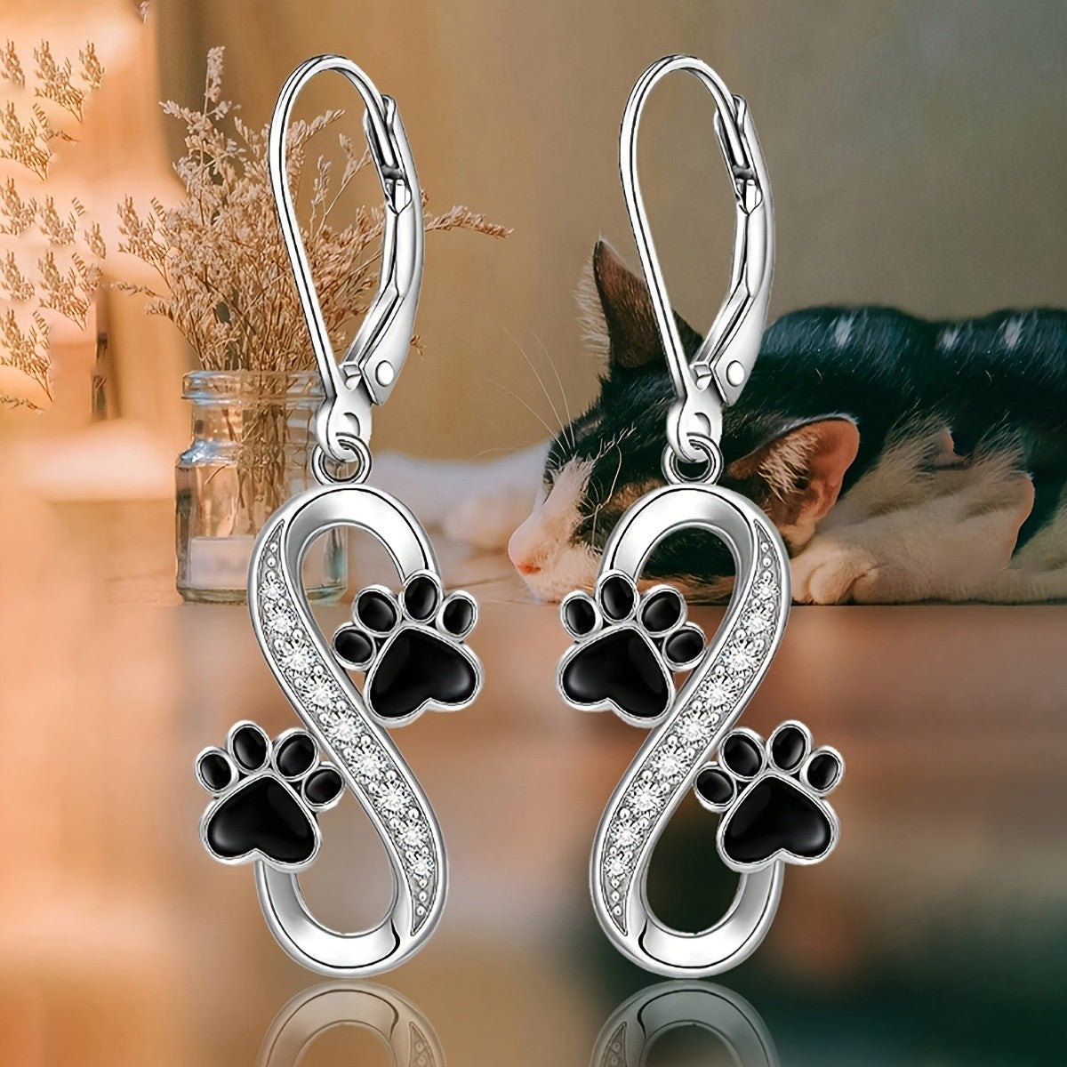 Infinity Paw Print Drop Earrings