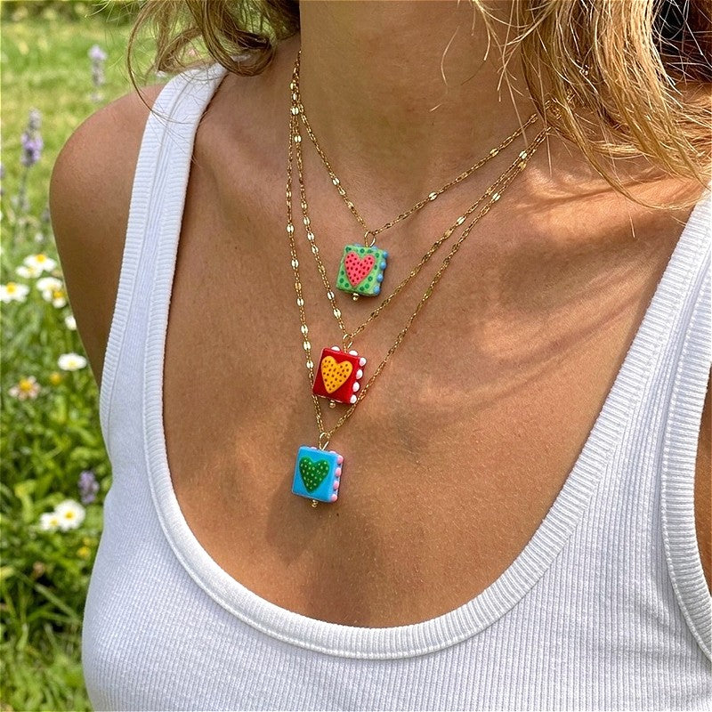 18k Layered Square Heart Pendant Necklace