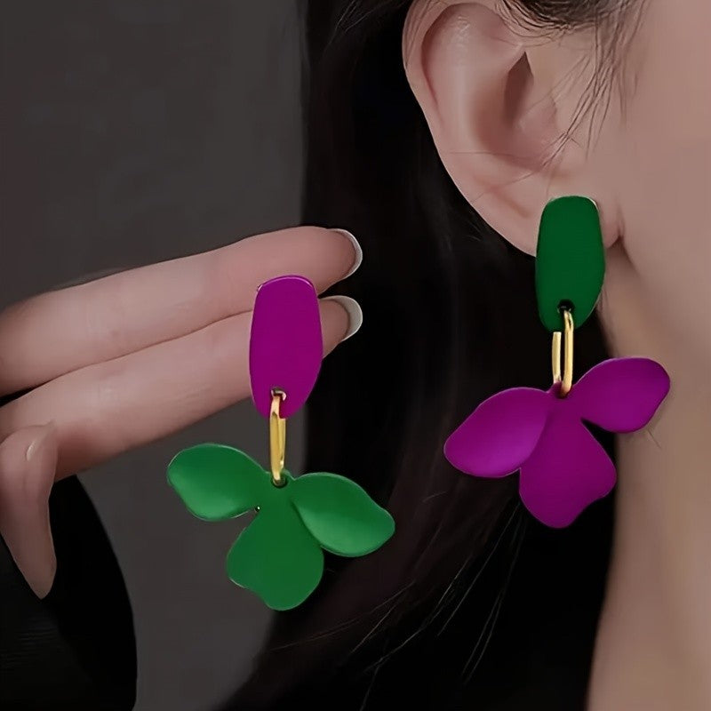 Asymmetric Color Block Flower Drop Earrings