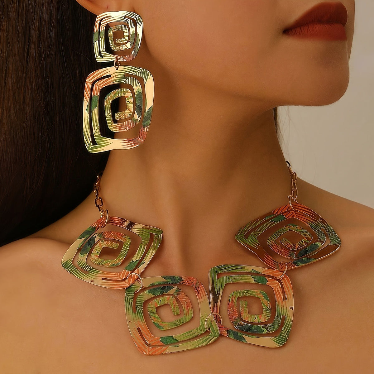 Boho Tropical Print Geometric Earring & Necklace Set
