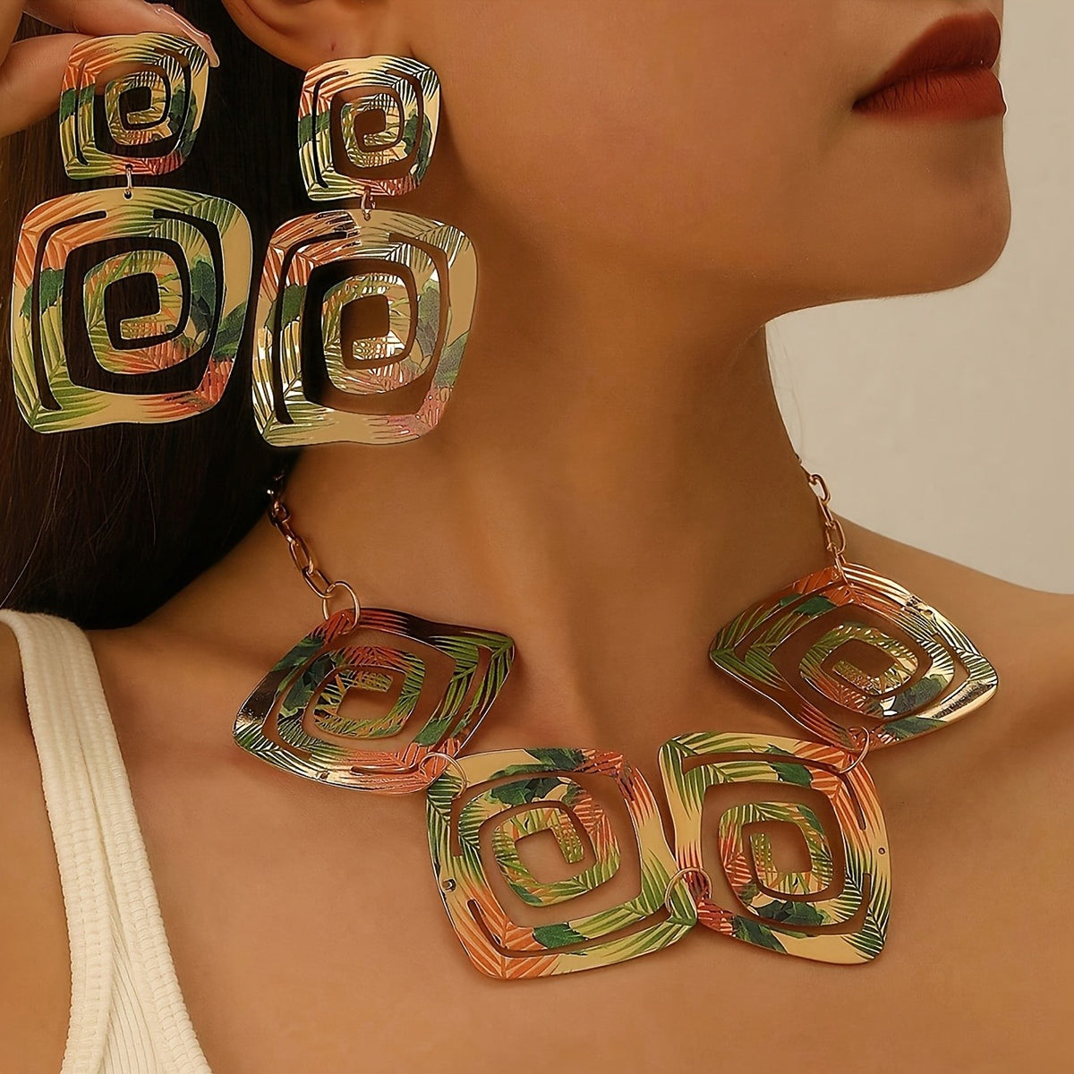 Boho Tropical Print Geometric Earring & Necklace Set