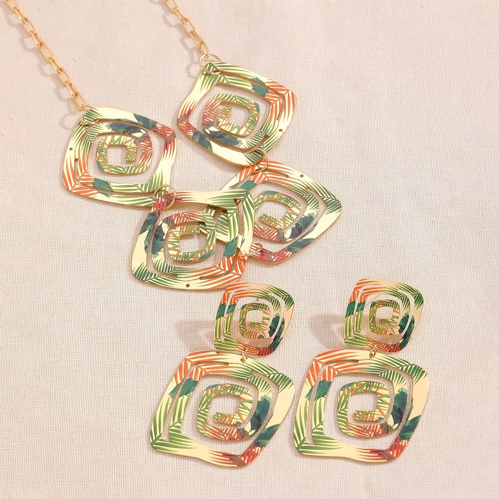 Boho Tropical Print Geometric Earring & Necklace Set
