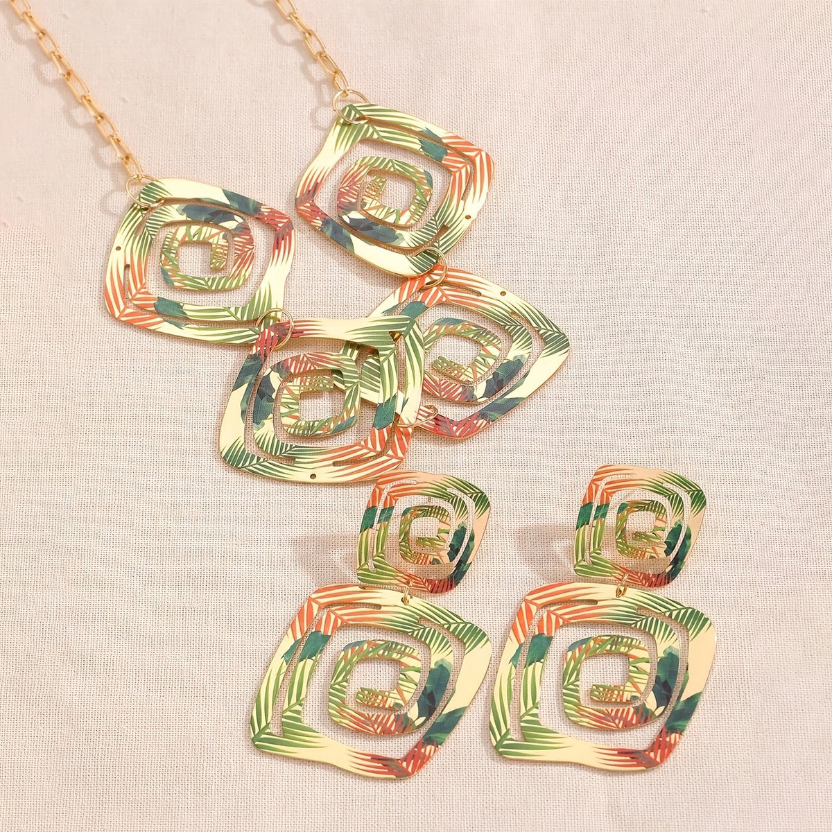Boho Tropical Print Geometric Earring & Necklace Set