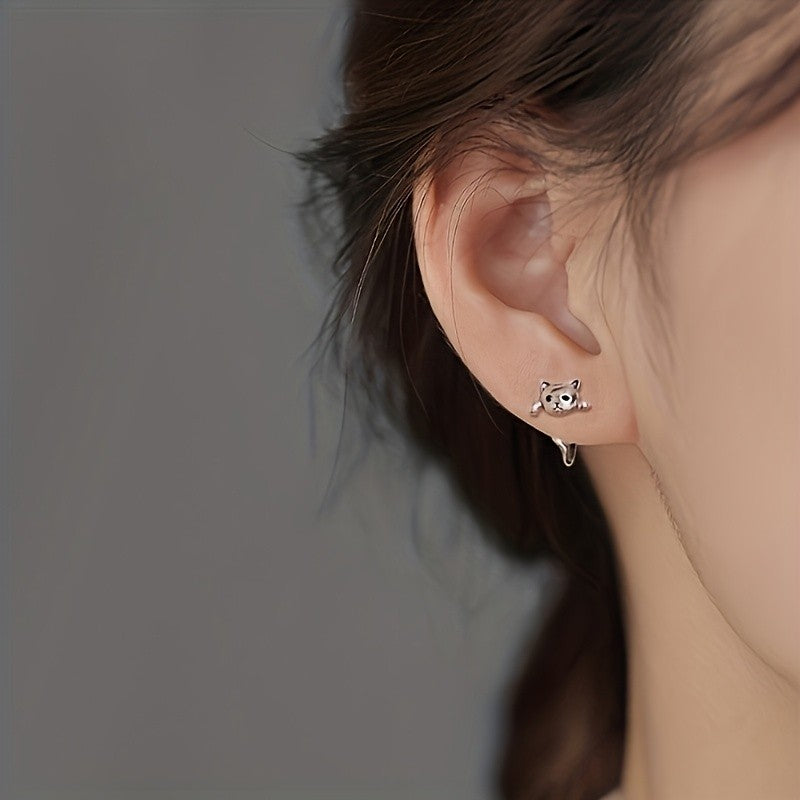 White K Climbing Cat Stud Earrings