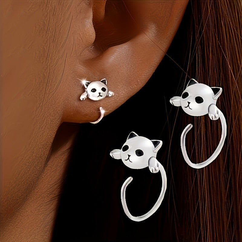 White K Climbing Cat Stud Earrings