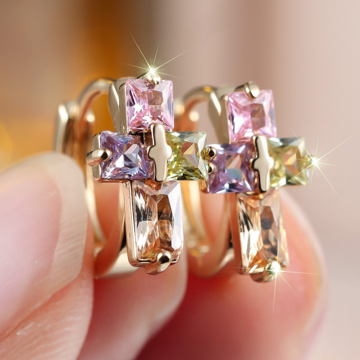 Geometric Multi-Stone Cross Earrings