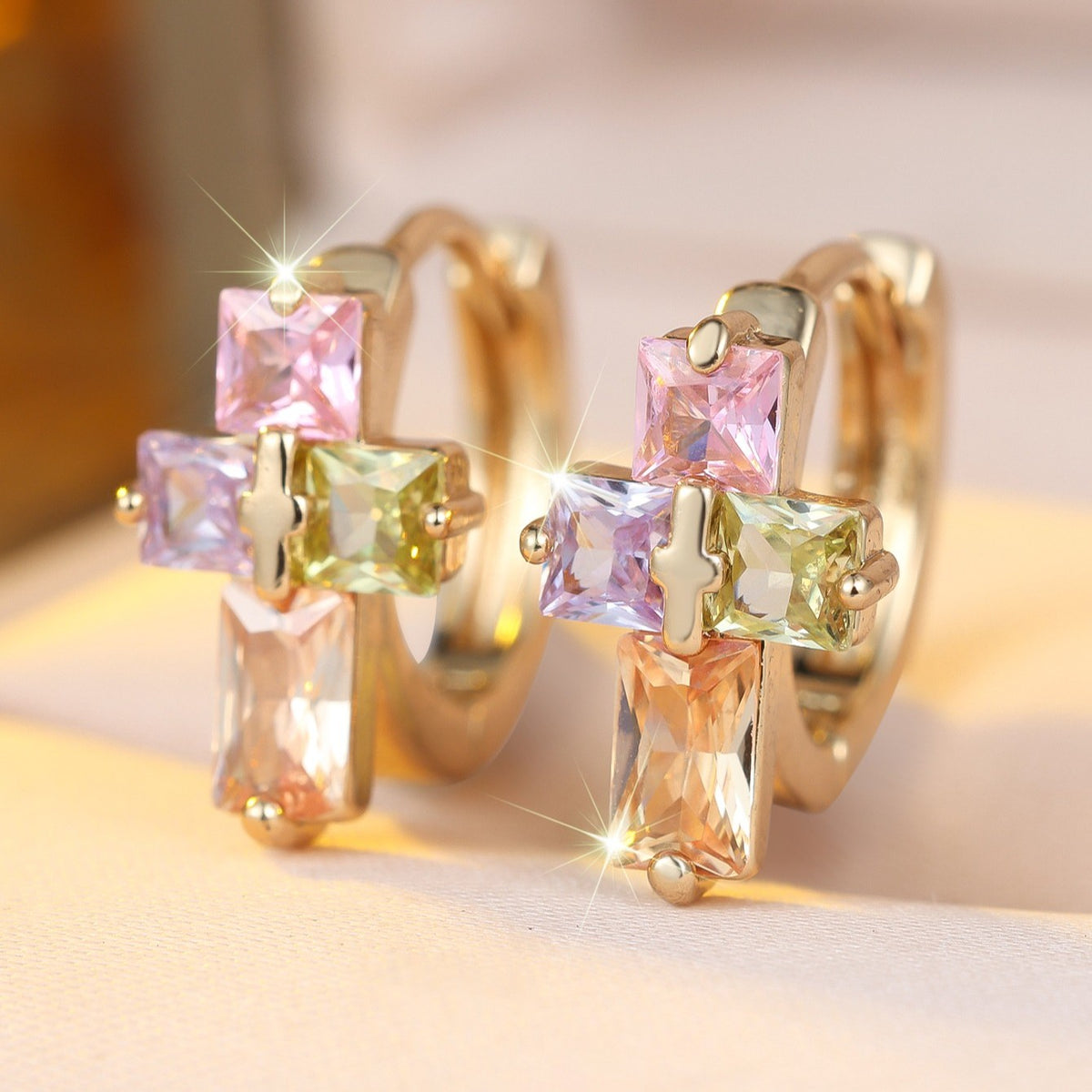 Geometric Multi-Stone Cross Earrings