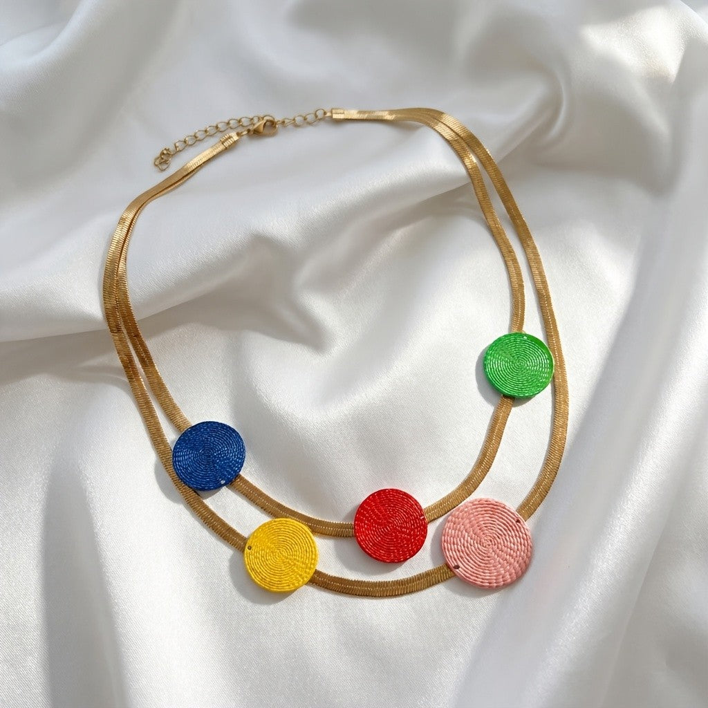 Multicolor Textured Disc Double Layer Necklace
