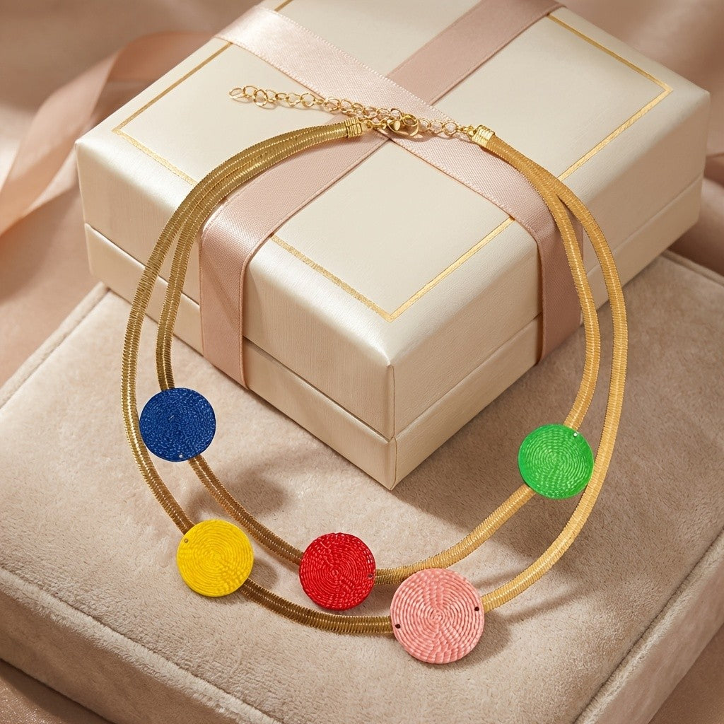 Multicolor Textured Disc Double Layer Necklace
