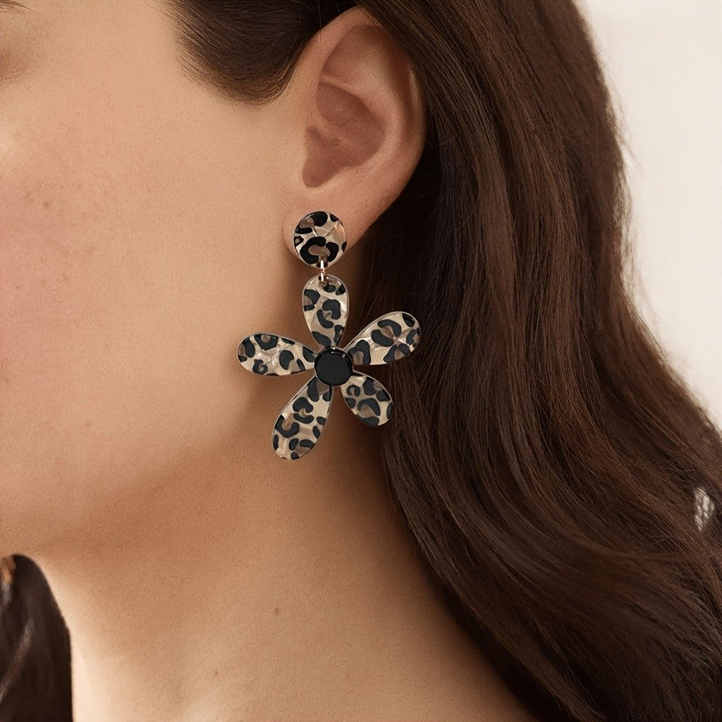 Vintage Leopard Print Flower Drop Earrings