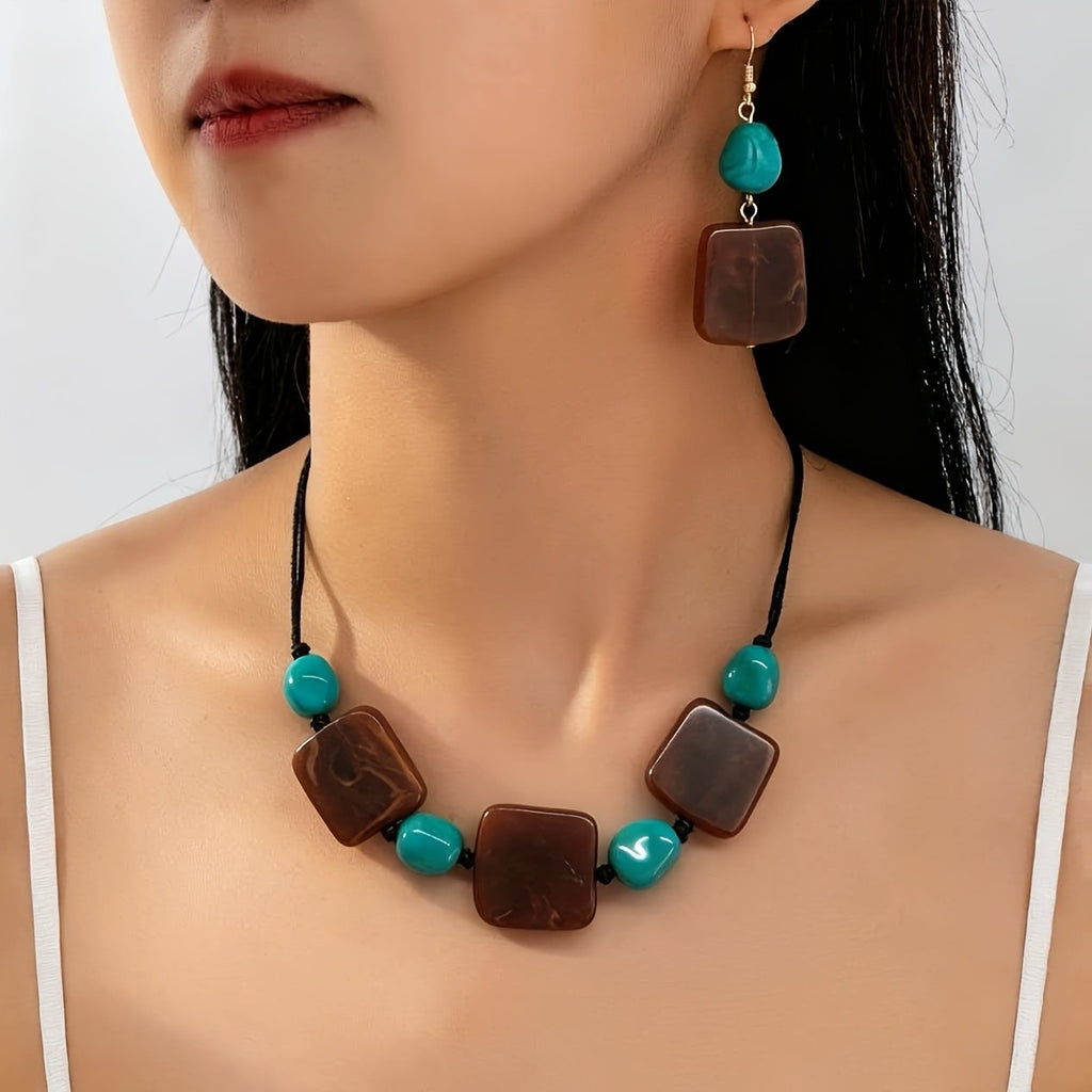 Vintage Square Stone Necklace & Earring Set