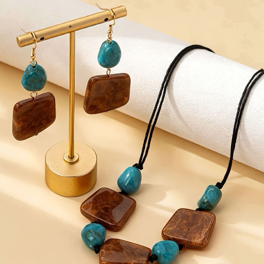 Vintage Square Stone Necklace & Earring Set