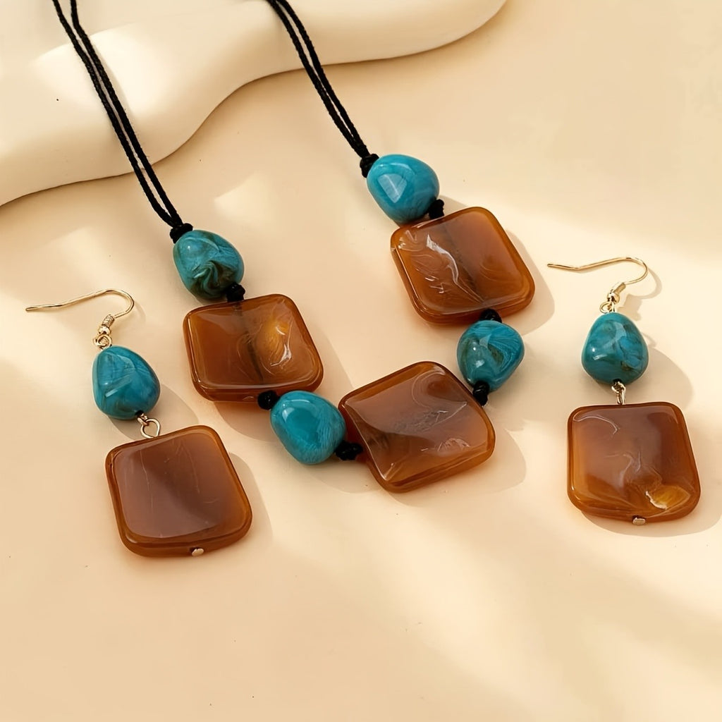 Vintage Square Stone Necklace & Earring Set
