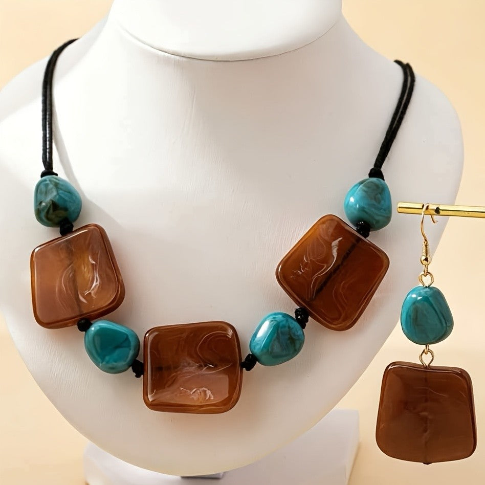 Vintage Square Stone Necklace & Earring Set