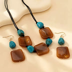 Vintage Square Stone Necklace & Earring Set