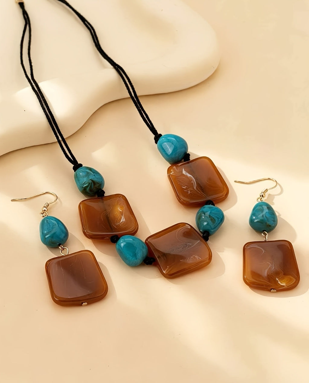 Vintage Square Stone Necklace & Earring Set