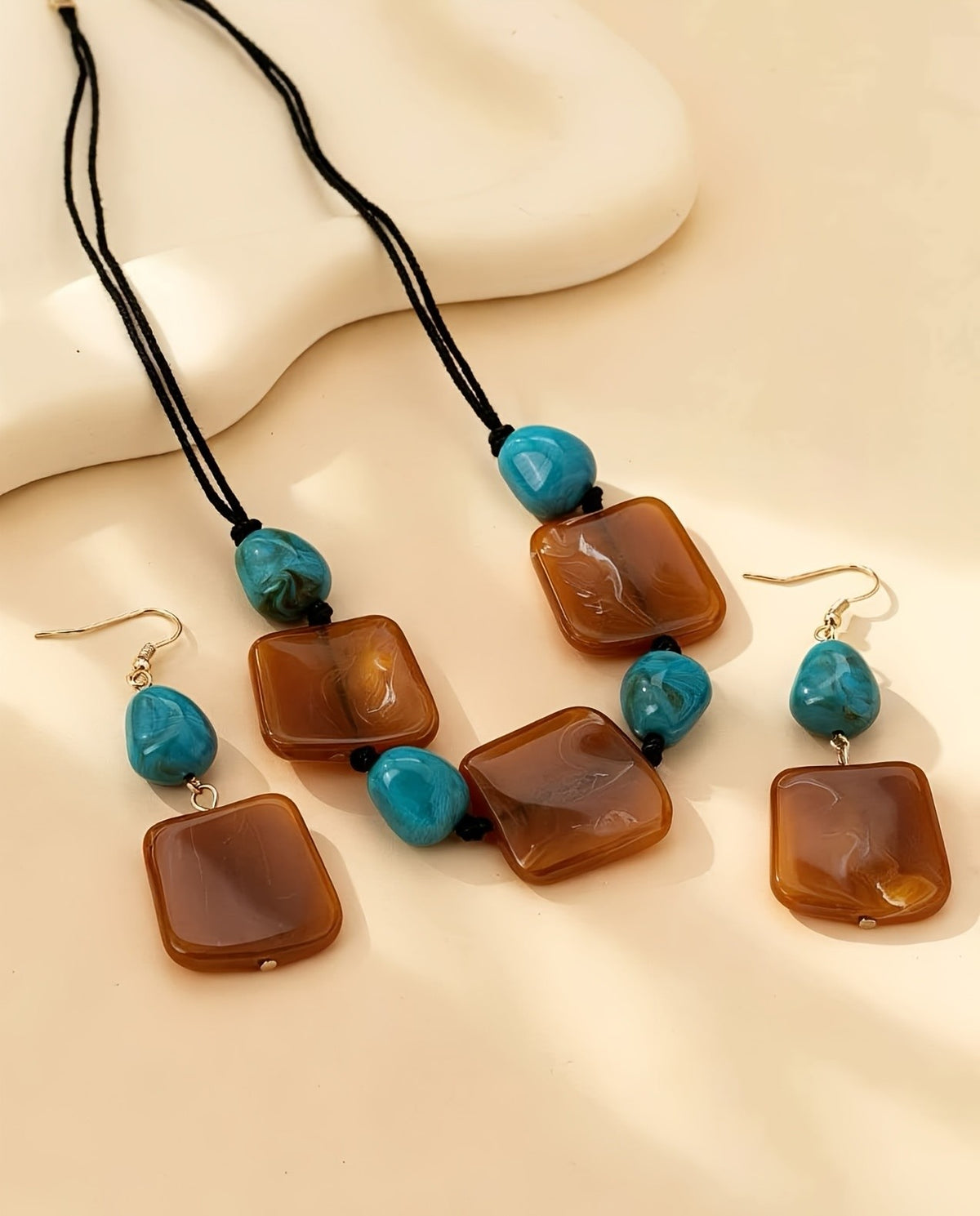 Vintage Square Stone Necklace & Earring Set