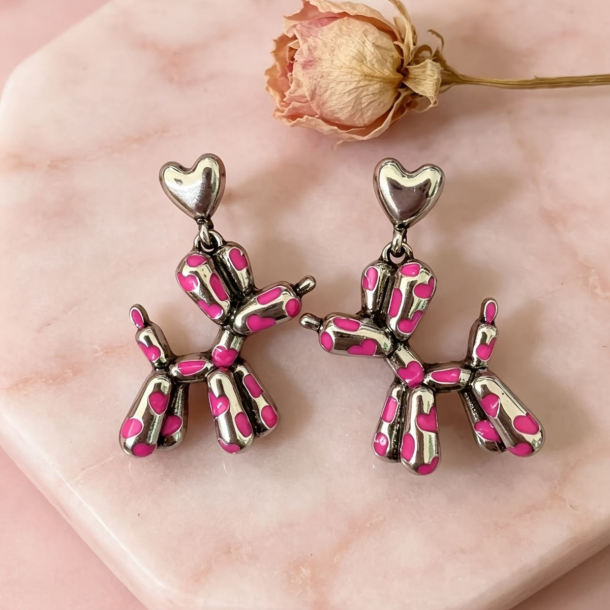 White K Heart Balloon Dog Earrings