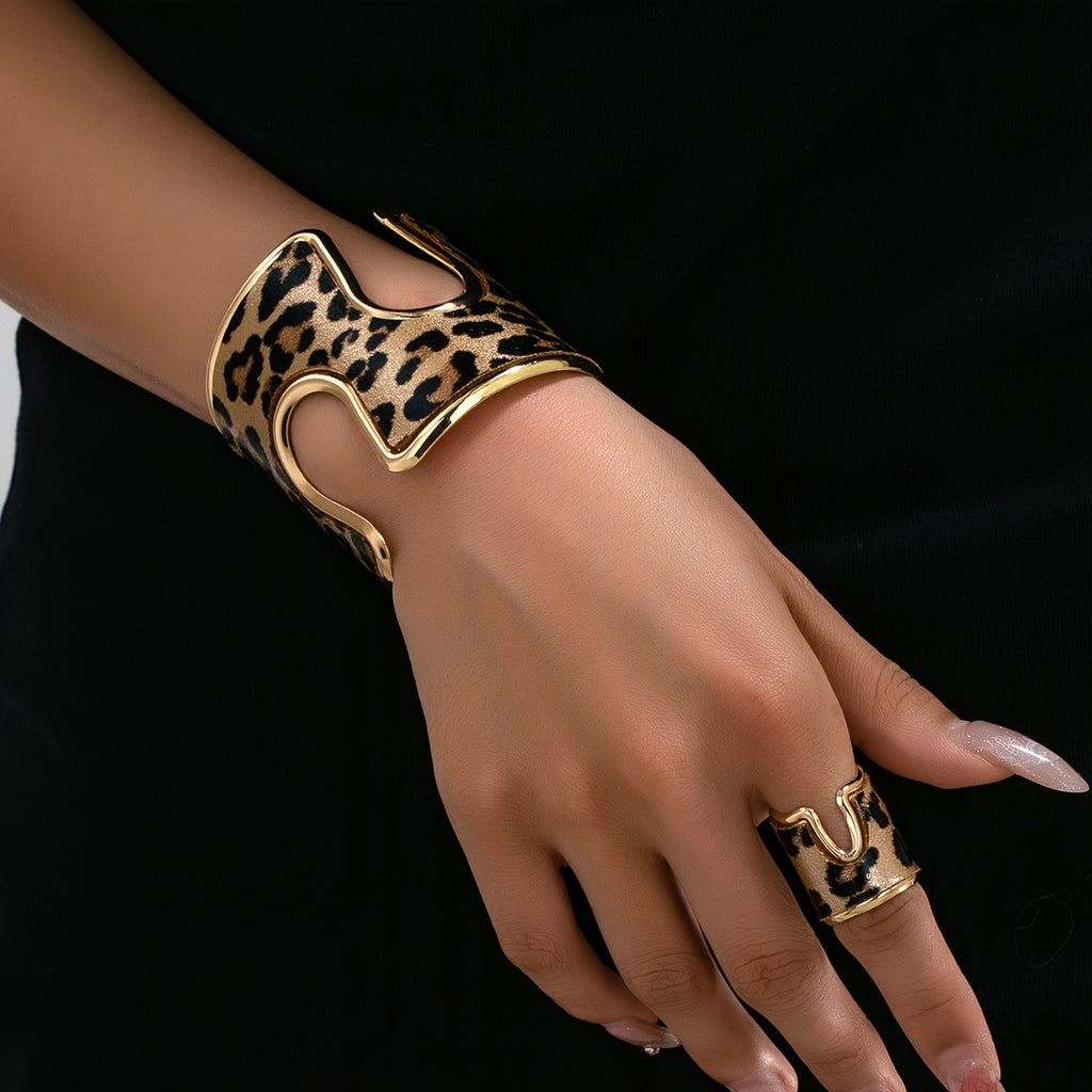 Vintage Leopard Print Cuff Bracelet and Ring Set