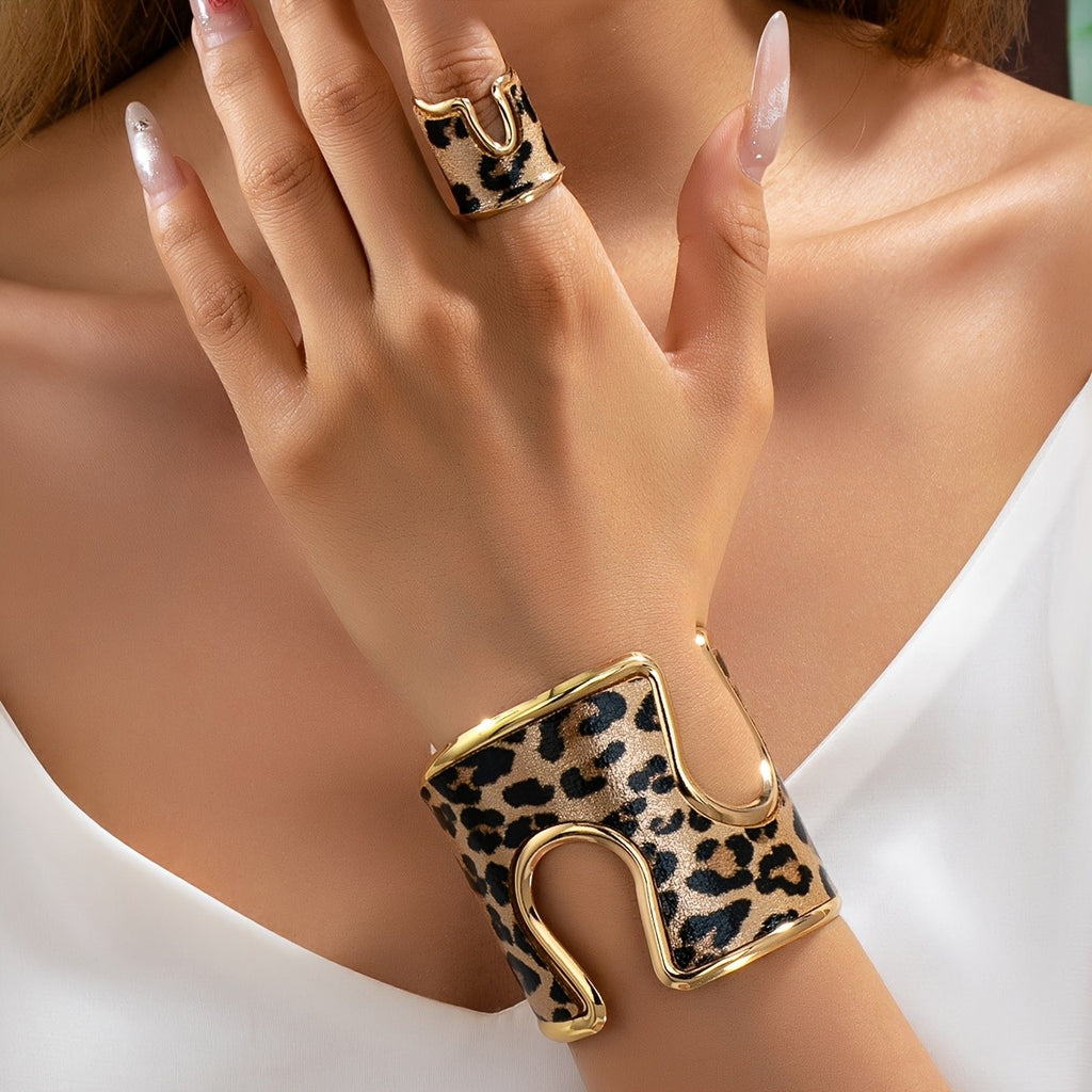 Vintage Leopard Print Cuff Bracelet and Ring Set