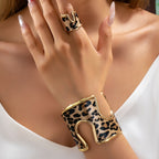 Vintage Leopard Print Cuff Bracelet and Ring Set