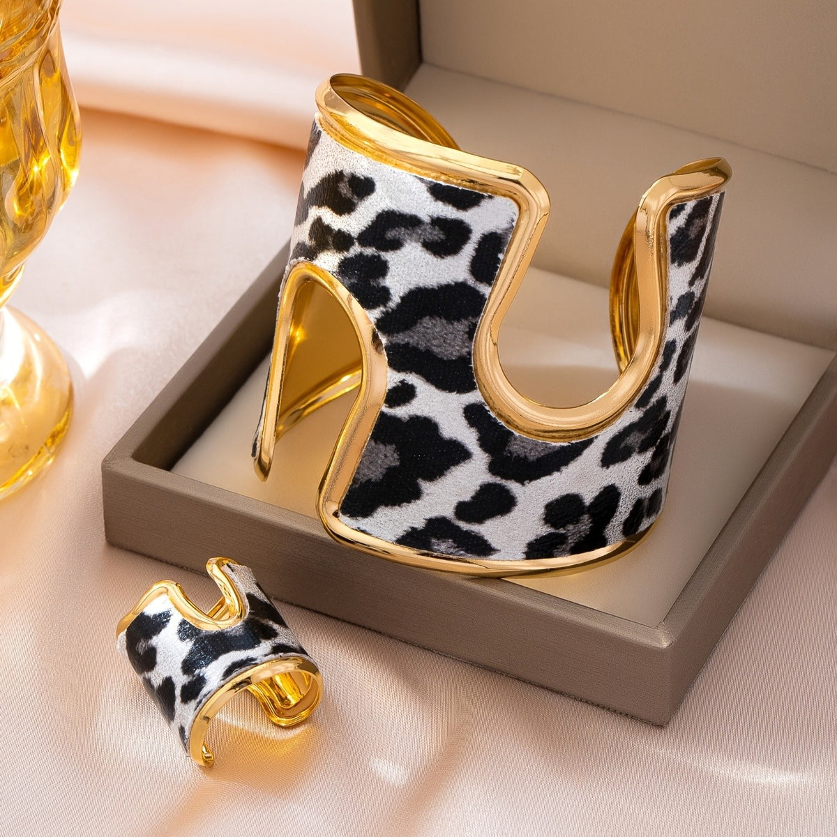 Vintage Leopard Print Cuff Bracelet and Ring Set