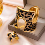 Vintage Leopard Print Cuff Bracelet and Ring Set