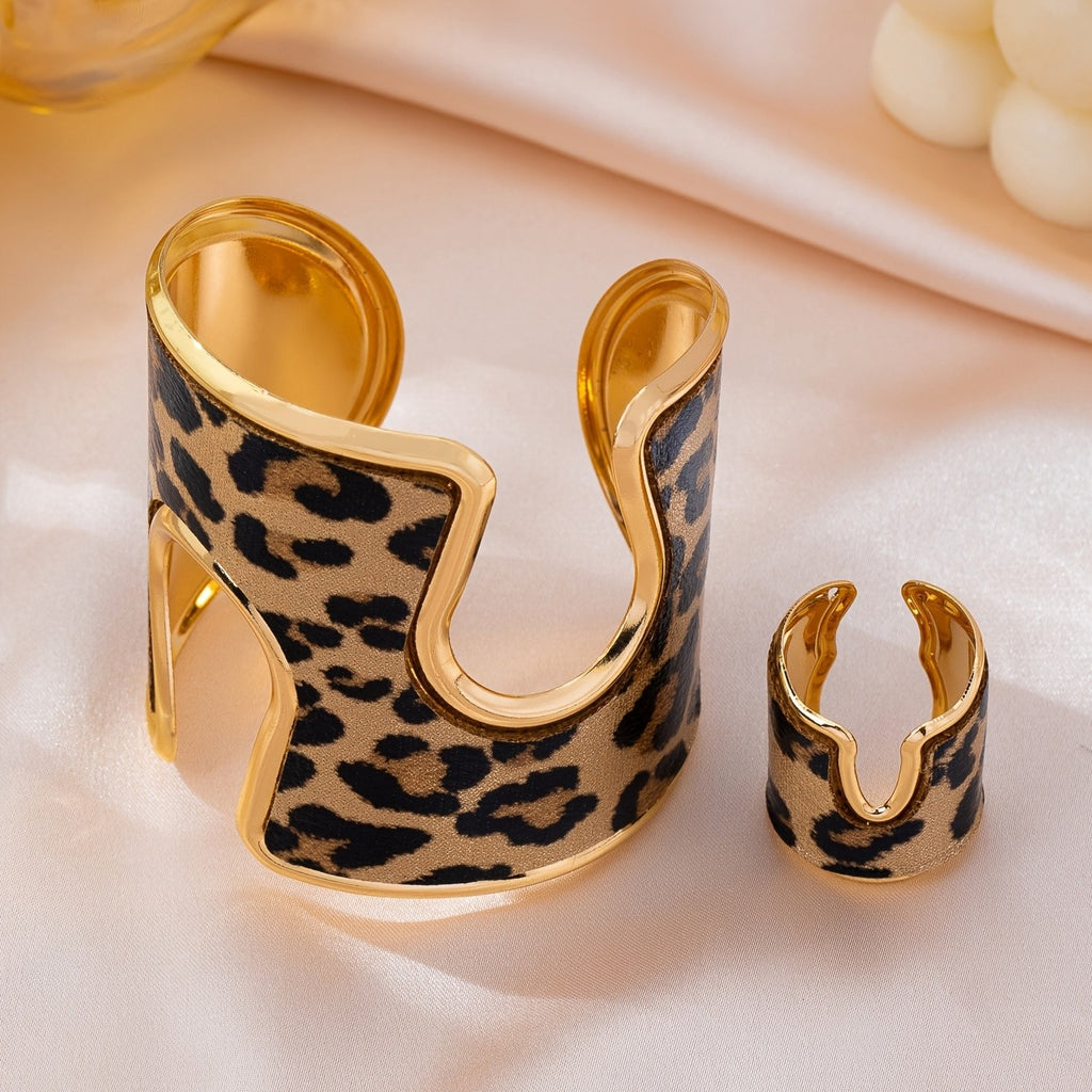 Vintage Leopard Print Cuff Bracelet and Ring Set