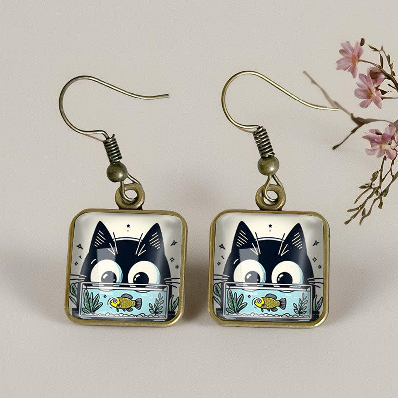 Square Cat And Fish Glass Drop Earrings