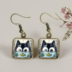 Square Cat And Fish Glass Drop Earrings