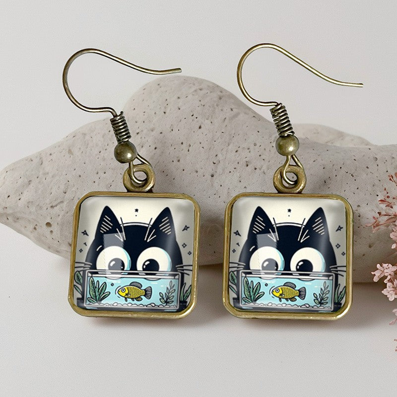 Square Cat And Fish Glass Drop Earrings