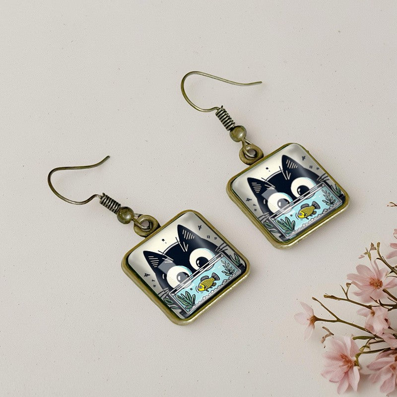 Square Cat And Fish Glass Drop Earrings