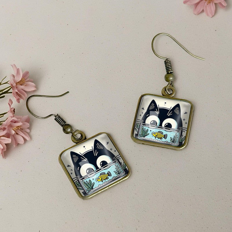 Square Cat And Fish Glass Drop Earrings