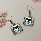Square Cat And Fish Glass Drop Earrings